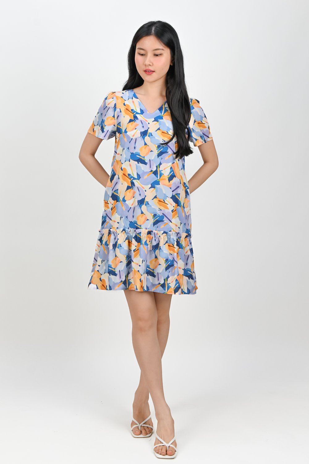 BLUE LACELEAF SLEEVED DROPWAIST DRESS