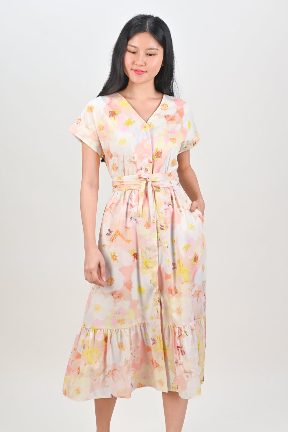 RIKO ABSTRACT OBI-SASH SLEEVED MIDI DRESS