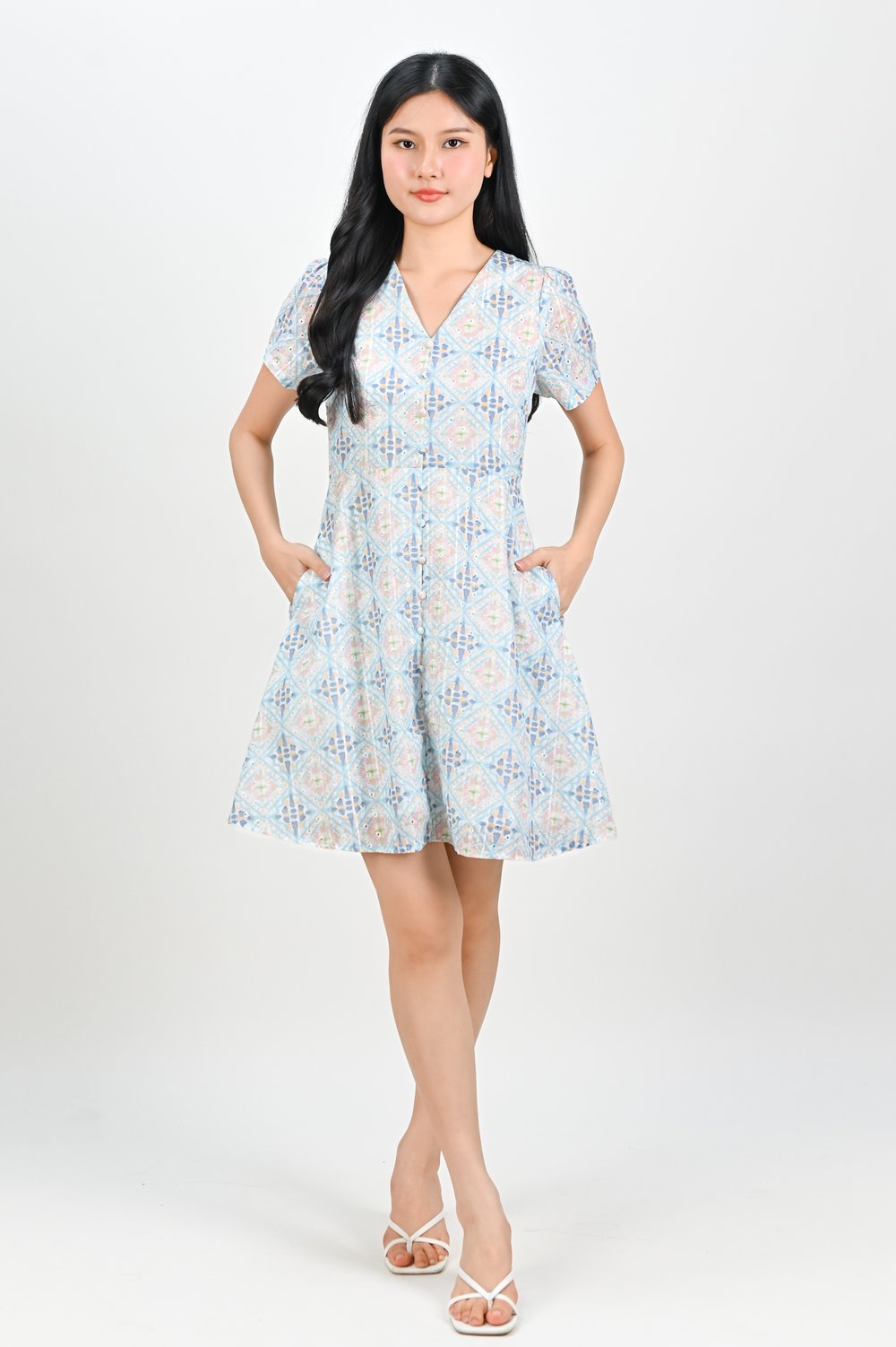 ZUZU SLEEVED BUTTON DRESS IN BLUE PATTERN