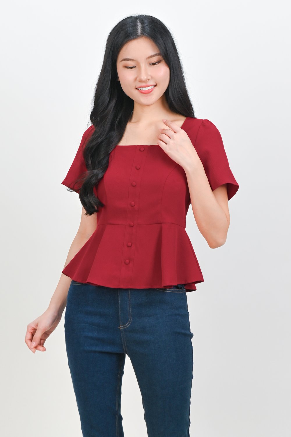 POET SQUARE-NECK SLEEVED PEPLUM TOP IN RED