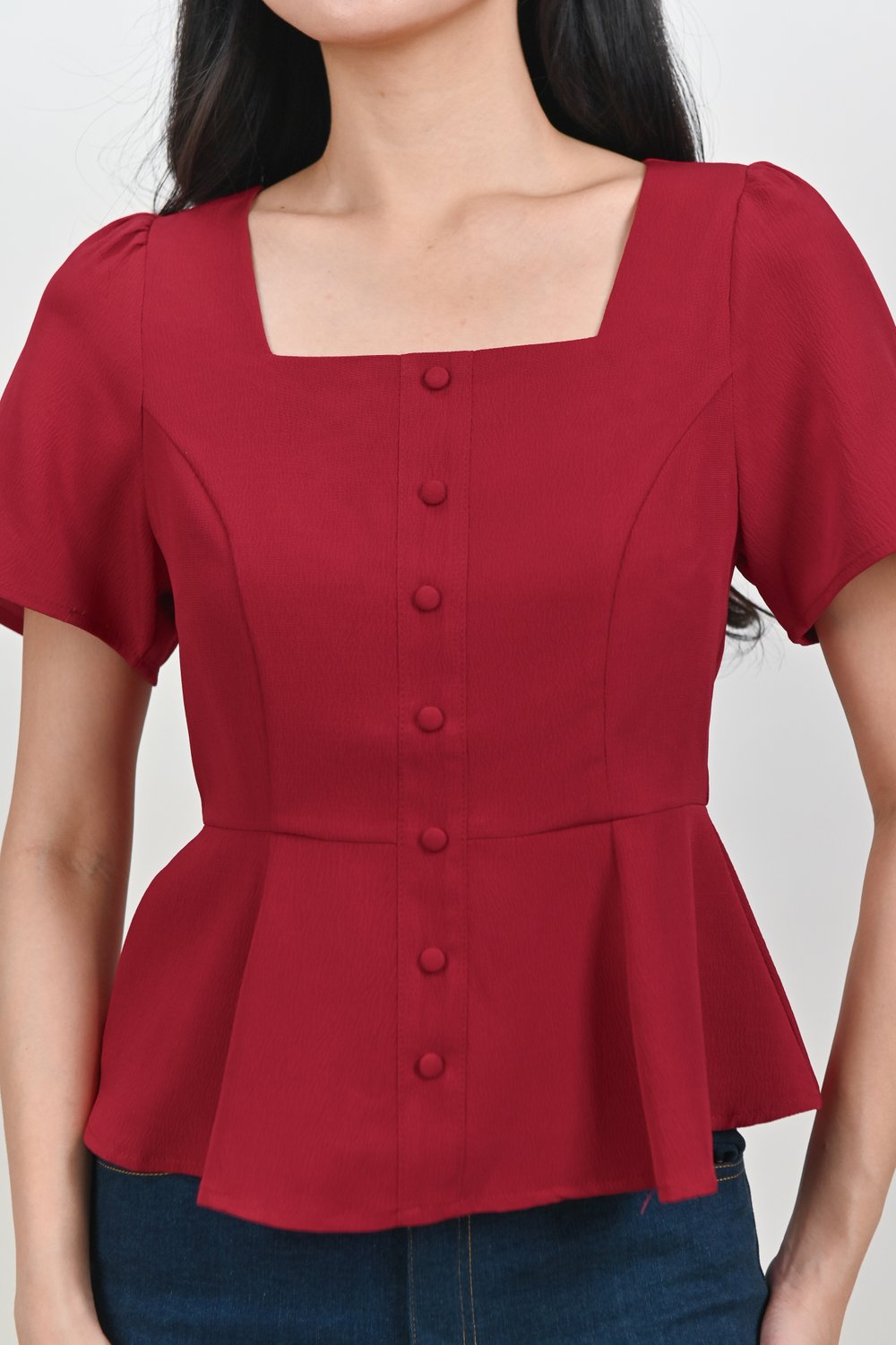 POET SQUARE-NECK SLEEVED PEPLUM TOP IN RED