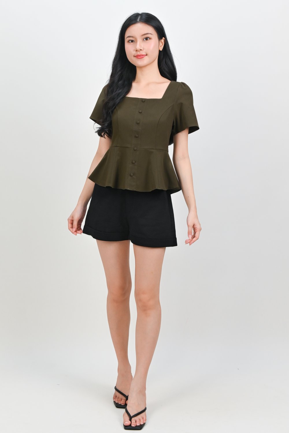 POET SQUARE-NECK SLEEVED PEPLUM TOP IN OLIVE