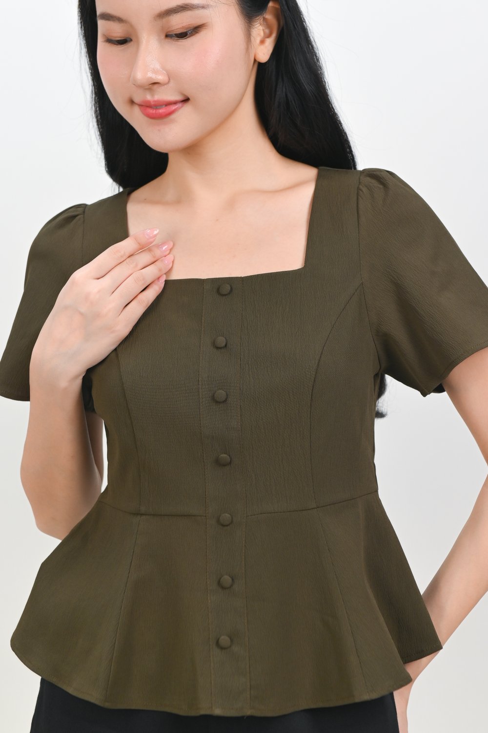 POET SQUARE-NECK SLEEVED PEPLUM TOP IN OLIVE