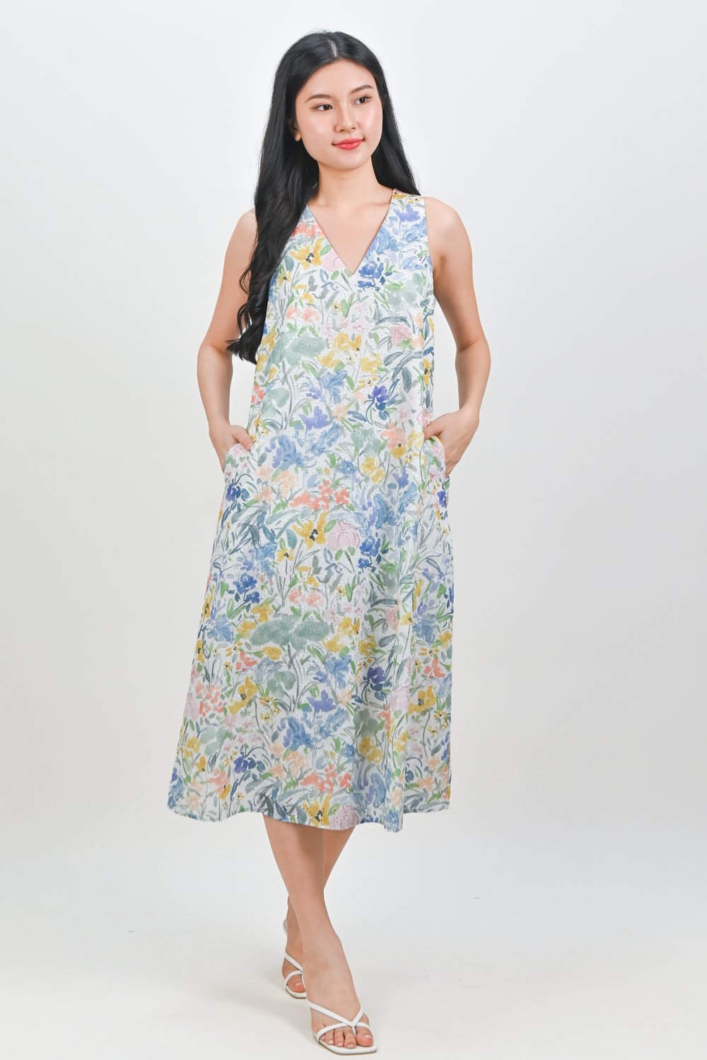 BRINDLEY WATERCOLOUR SLEEVELESS A-LINE DRESS IN BLUE/YELLOW