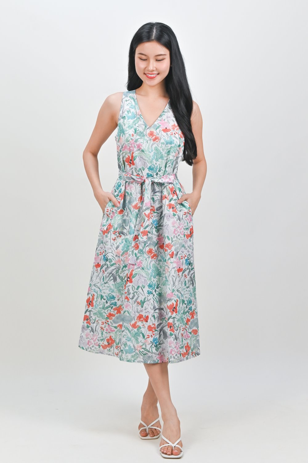 BRINDLEY WATERCOLOUR SLEEVELESS A-LINE DRESS IN RED/PINK