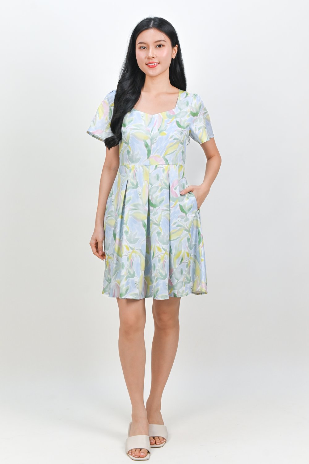 YARANAH WATERCOLOUR SWEETHEART DRESS IN GREEN-BLUE FOLIAGE
