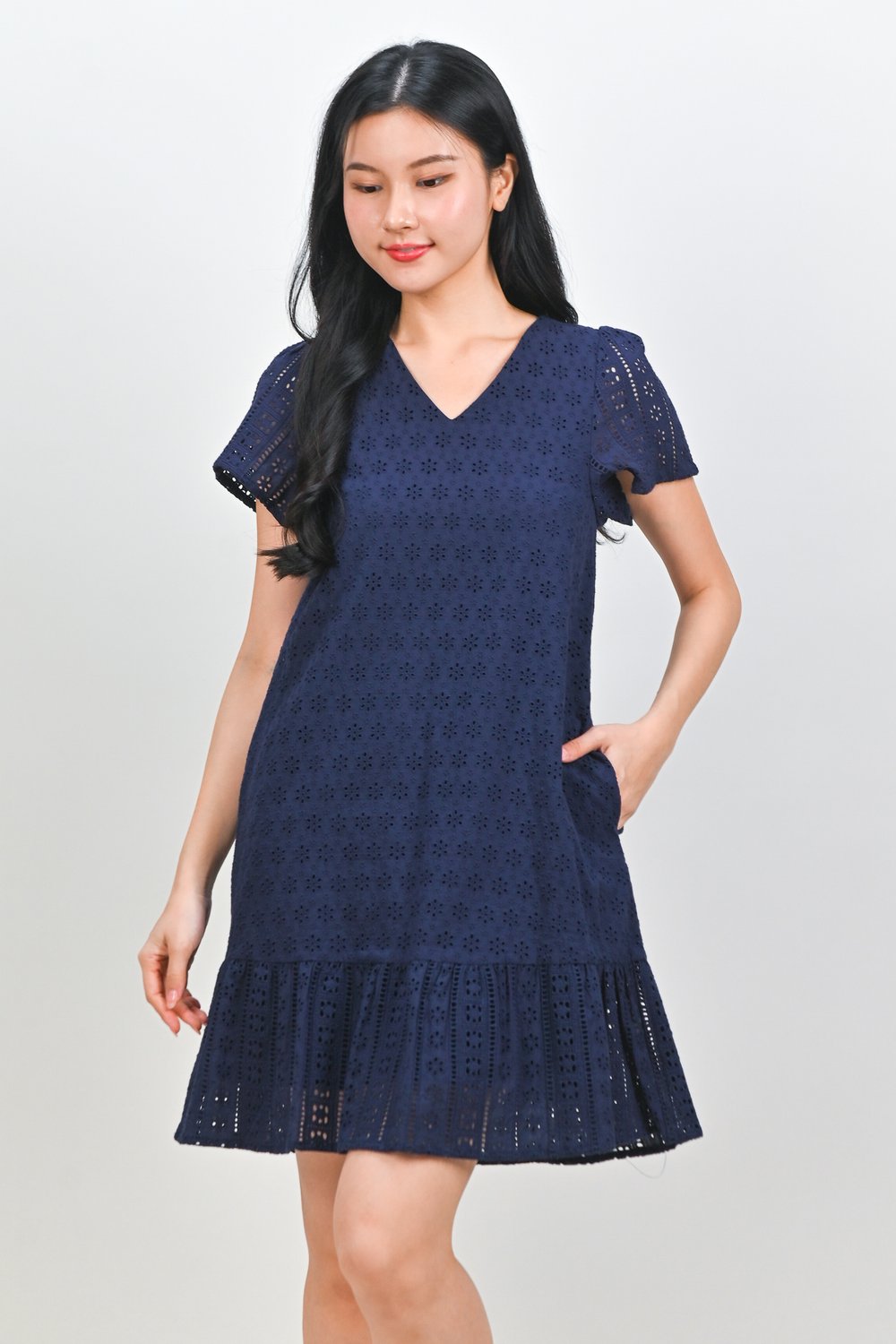 ELETTRA EYELET SLEEVED DROPWAIST DRESS IN NAVY