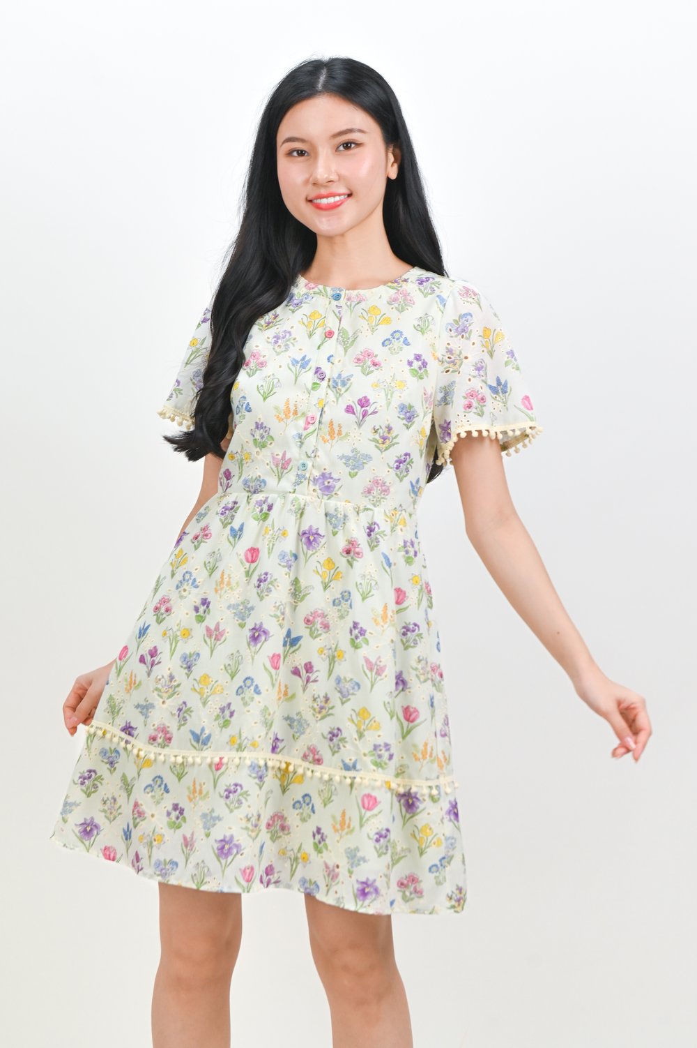 SYLVARA APPLE-CREAM FLORAL POMPOM DRESS