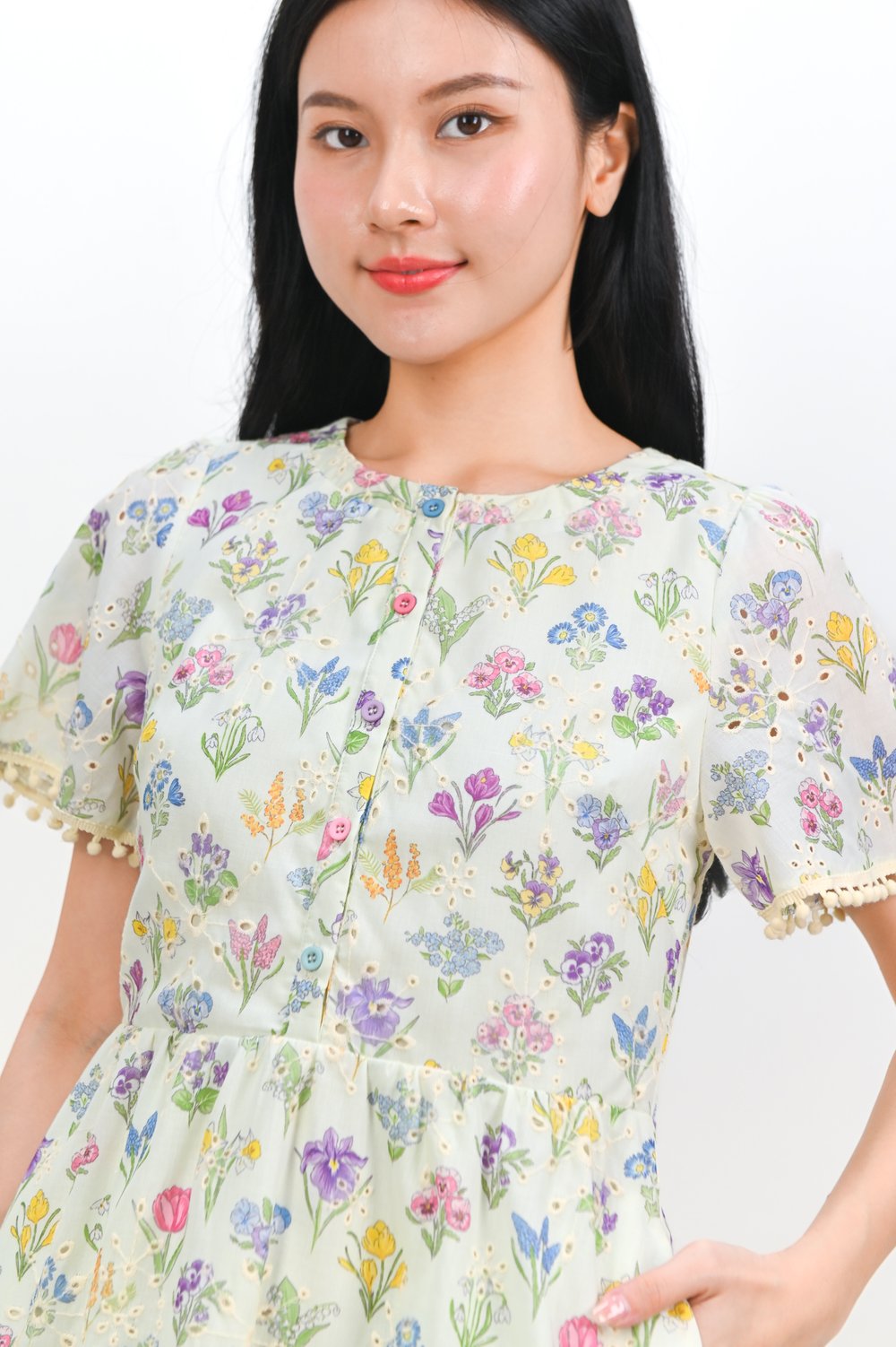 SYLVARA APPLE-CREAM FLORAL POMPOM DRESS