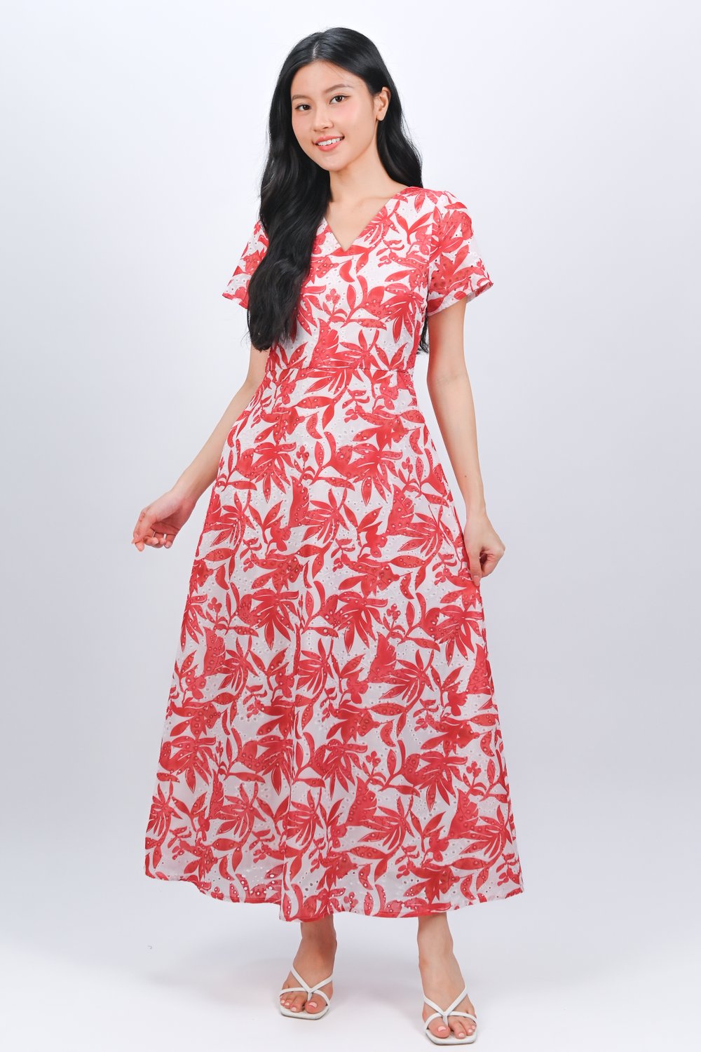 JINGYI RED FOLIAGE EYELET SLEEVED V-NECK MIDAXI DRESS