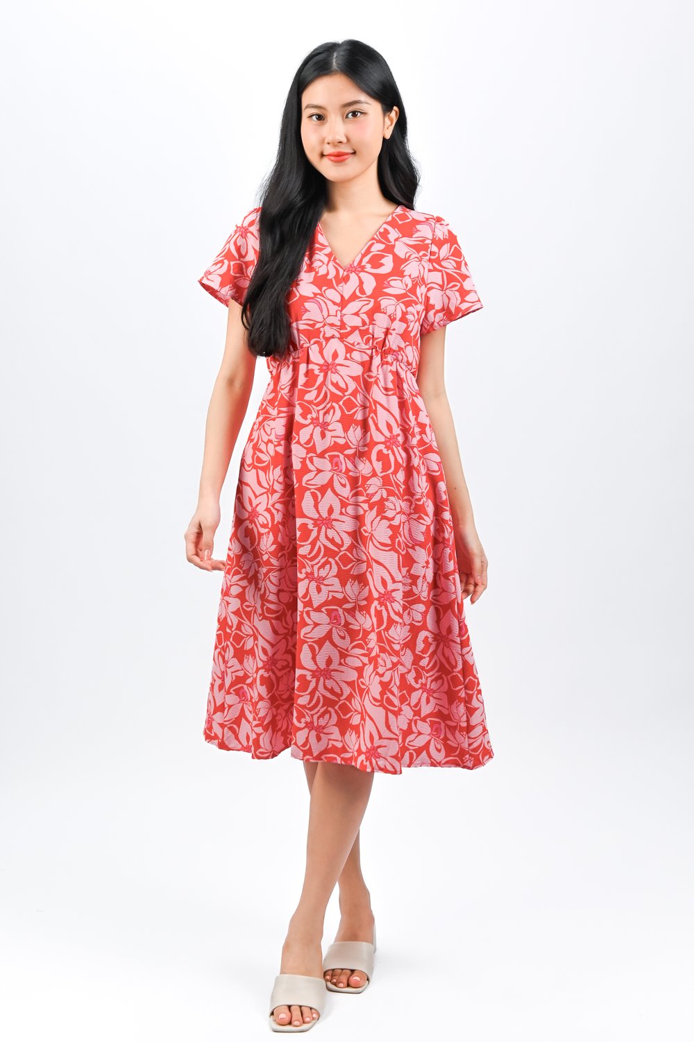 LEIORA RED/PINK FLORAL V-NECK SLEEVED MIDI DRESS