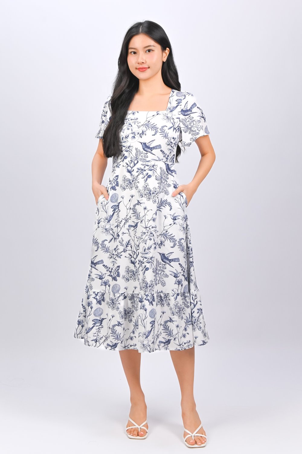 NAVY HUMMINGBIRD SQUARE-NECK SLEEVED MIDI DRESS