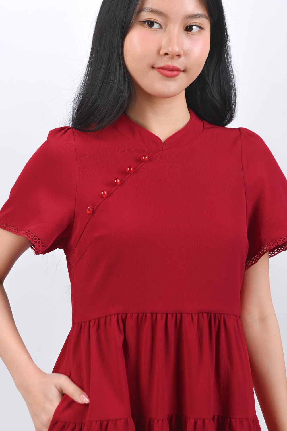 SUMIN SLEEVED CHEONGSAM BABYDOLL DRESS IN RED
