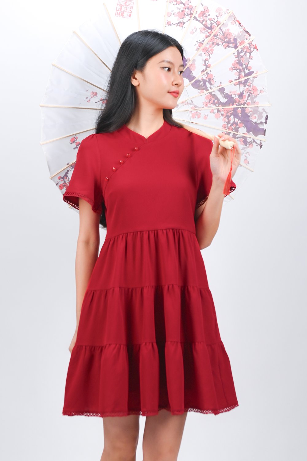 SUMIN SLEEVED CHEONGSAM BABYDOLL DRESS IN RED