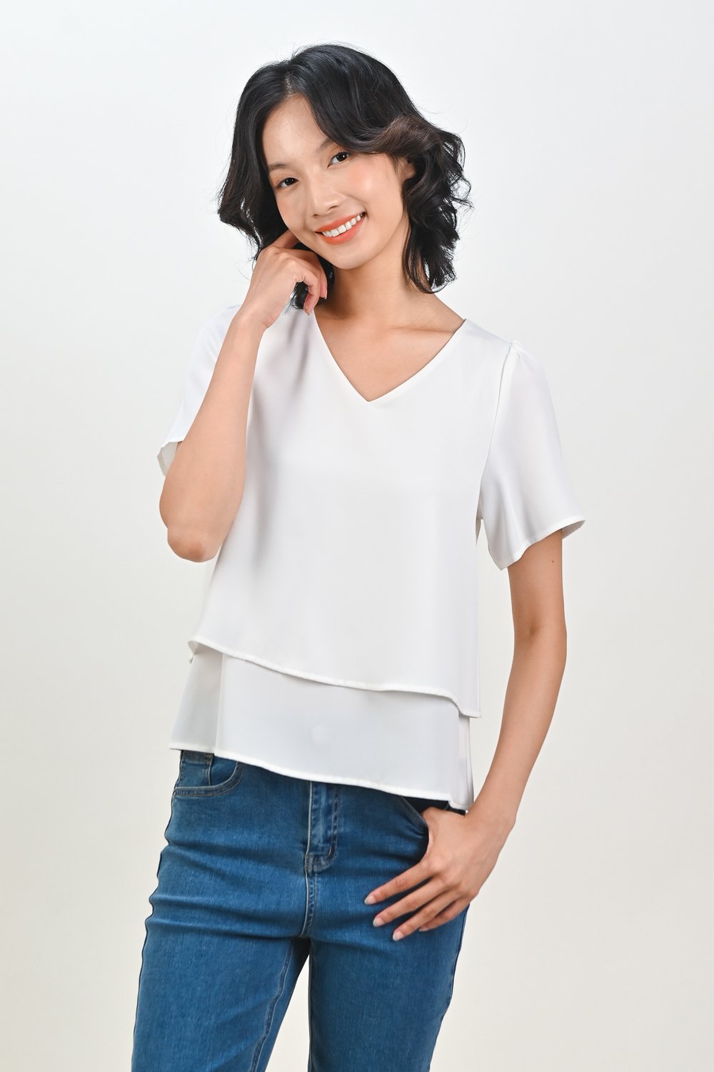 PEIPEI SLEEVED LAYERED TOP IN WHITE
