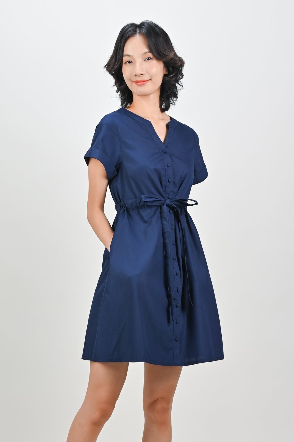 JUNO SLEEVED DRAWSTRING-WAIST SHIRT-DRESS IN NAVY