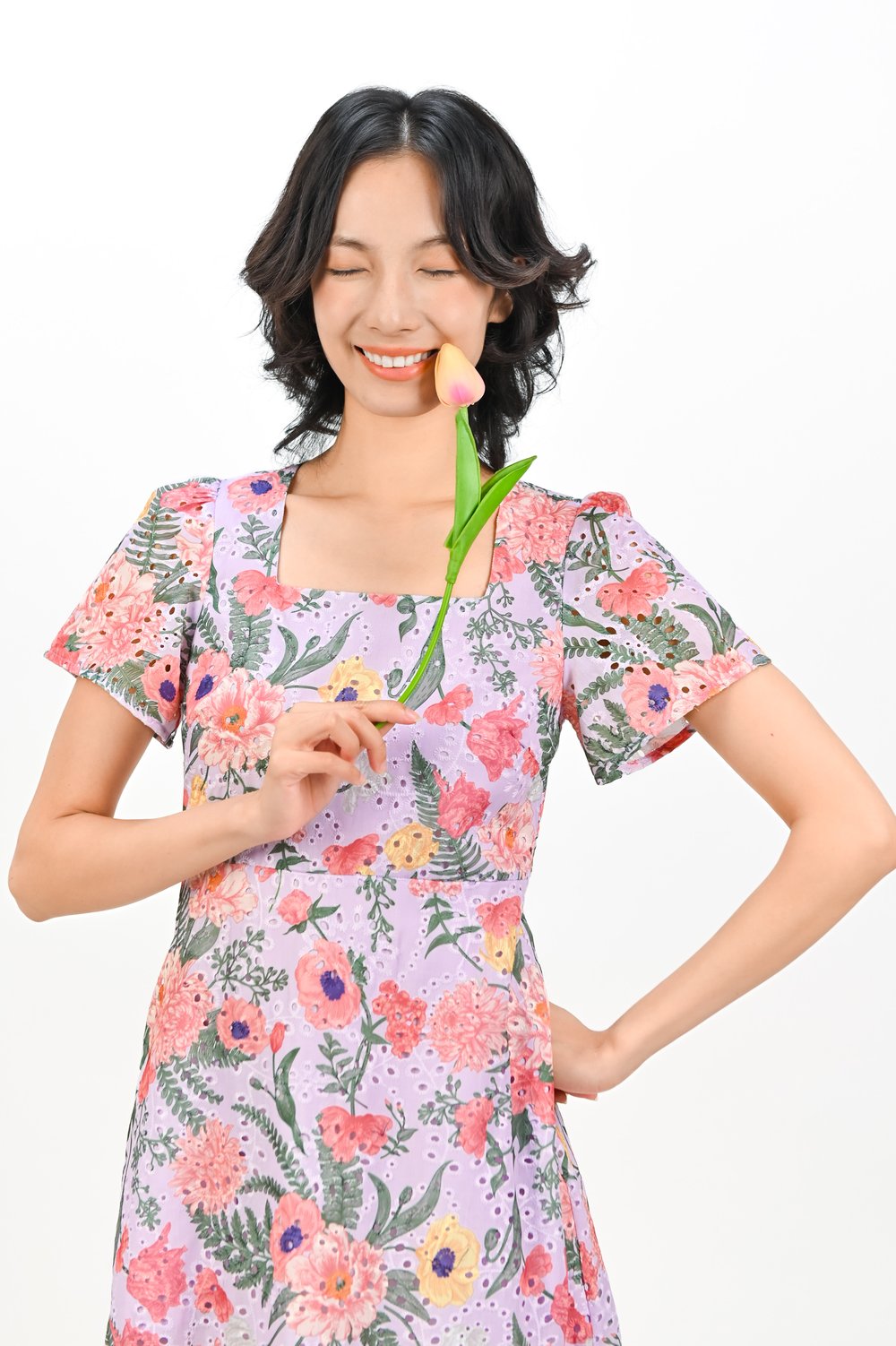 WINTRE LILAC EYELET FLORAL SQUARE-NECK SLEEVED MIDI DRESS