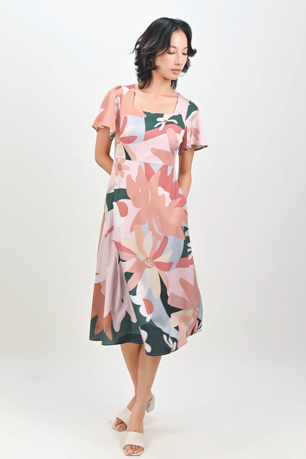 TEAL GARDENS SQUARE-NECK SLEEVED MIDI DRESS