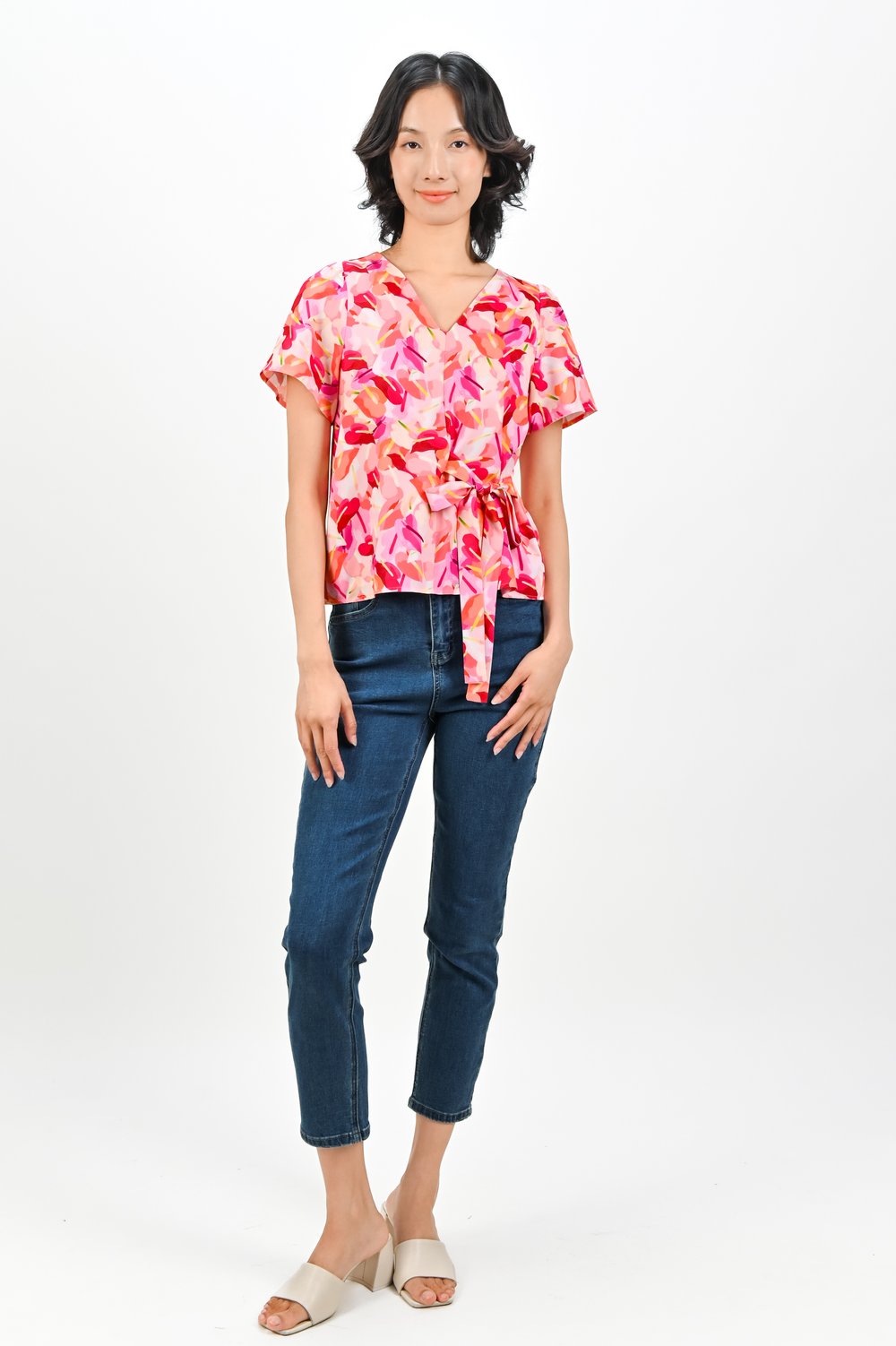 PINK LACELEAF SLEEVED TIE-SASH TOP