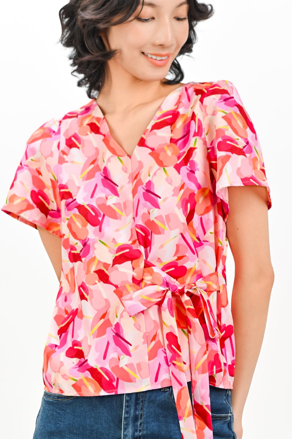 PINK LACELEAF SLEEVED TIE-SASH TOP