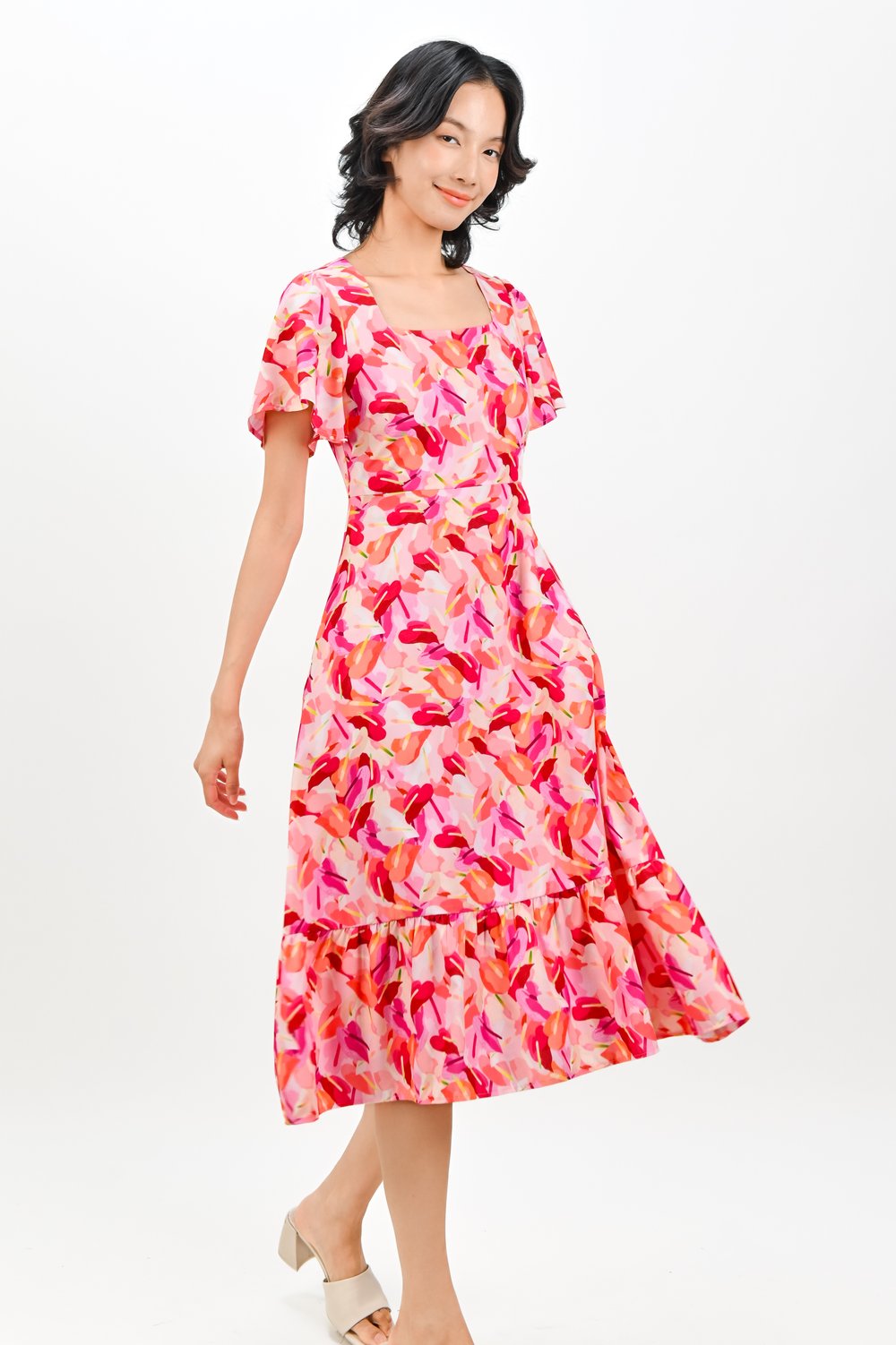 PINK LACELEAF SQUARE-NECK SLEEVED MIDI DRESS