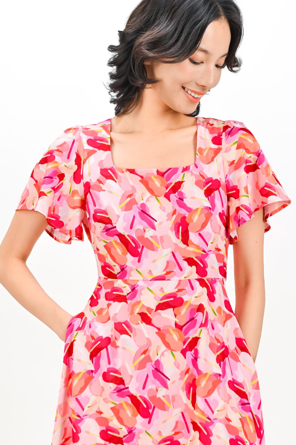 PINK LACELEAF SQUARE-NECK SLEEVED MIDI DRESS