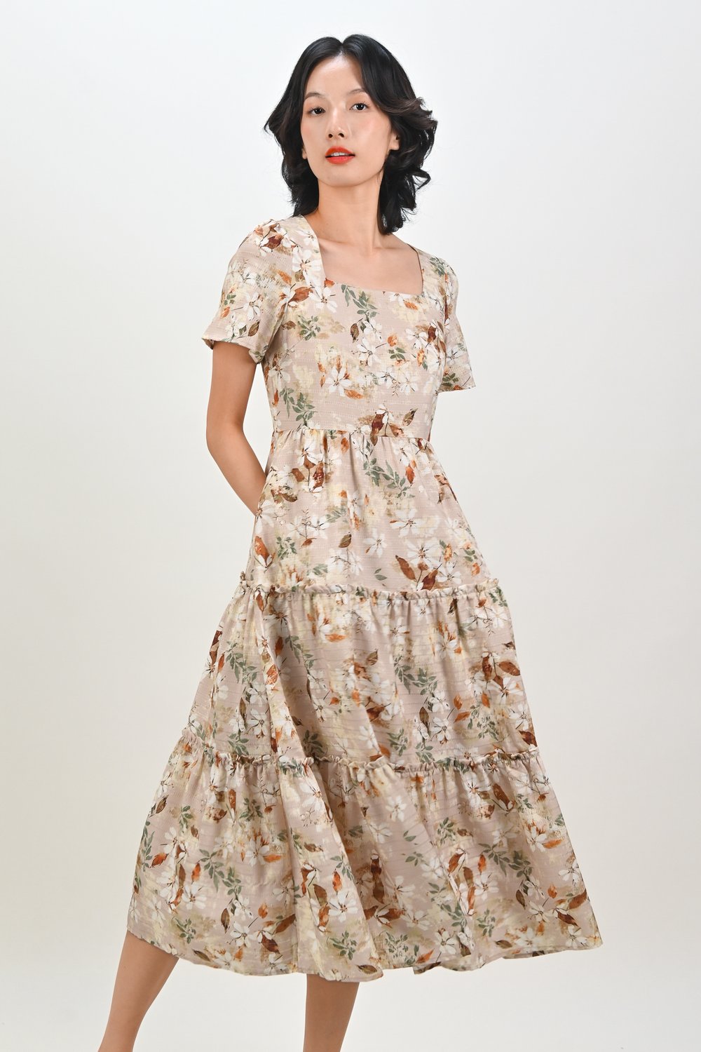 AMKA EYELET FLORAL SQUARE-NECK DRESS IN BEIGE FLORAL