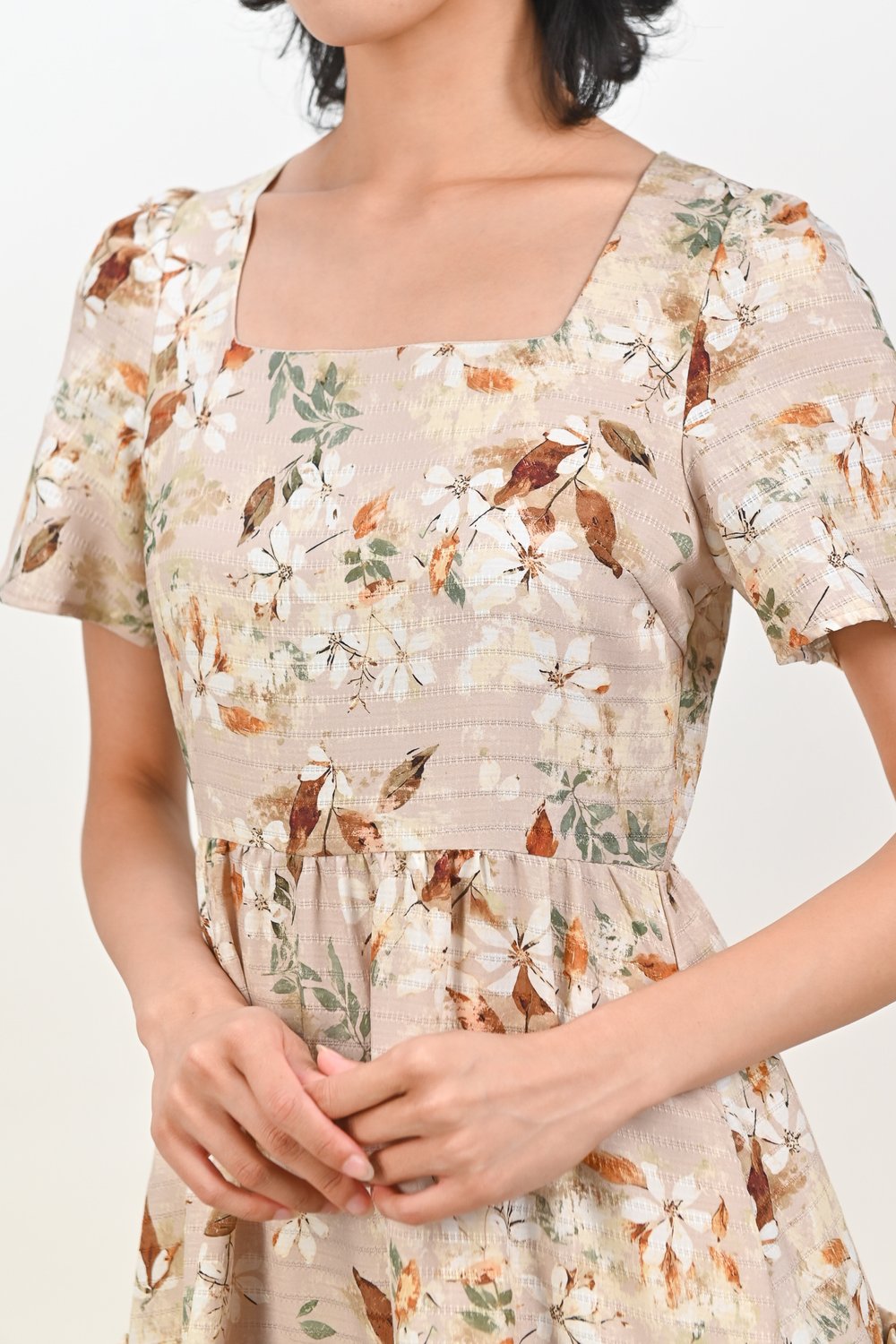 AMKA EYELET FLORAL SQUARE-NECK DRESS IN BEIGE FLORAL