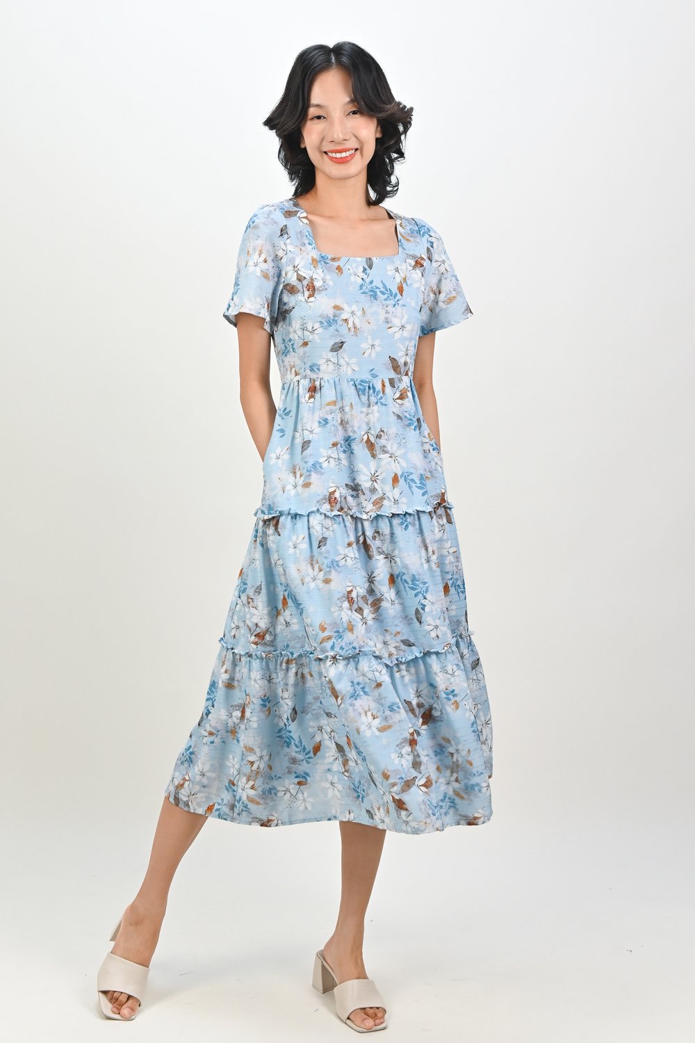 AMKA EYELET FLORAL SQUARE-NECK DRESS IN BLUE FLORAL