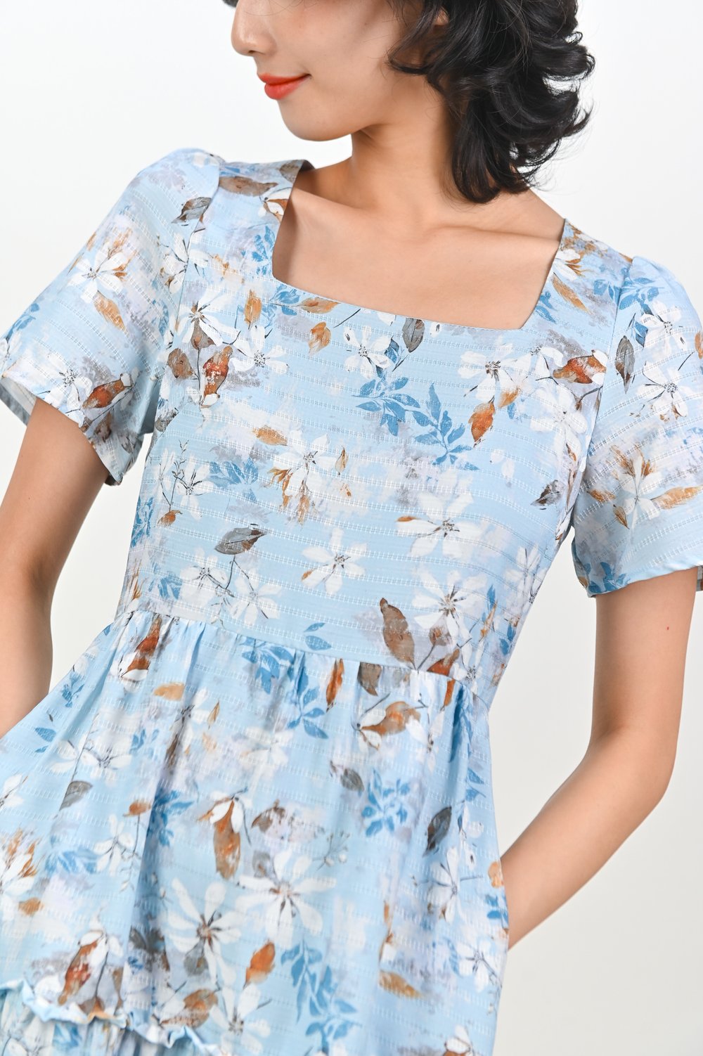 AMKA EYELET FLORAL SQUARE-NECK DRESS IN BLUE FLORAL