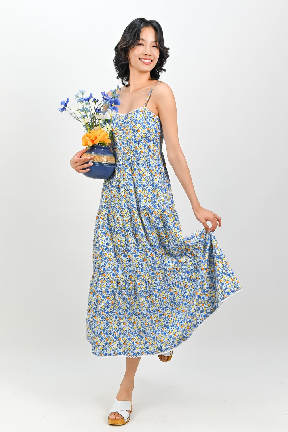 PORCELAIN ORANGE TILES SPAG MAXI DRESS