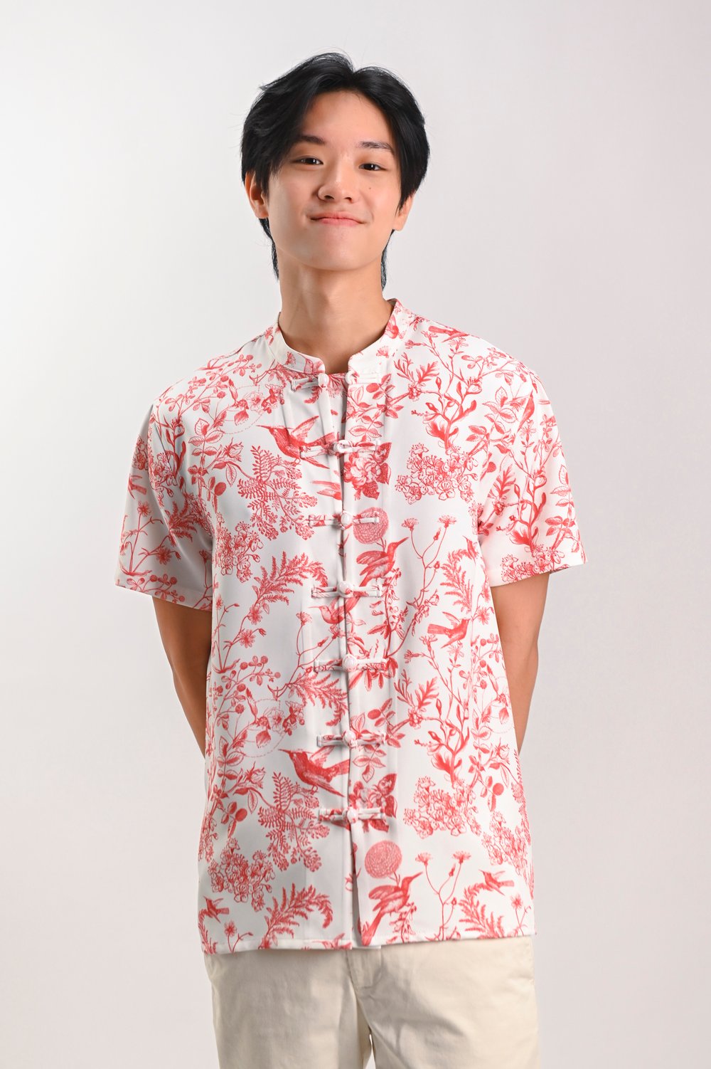 RED HUMMINGBIRD MANDARIN-COLLAR MEN’S SHIRT