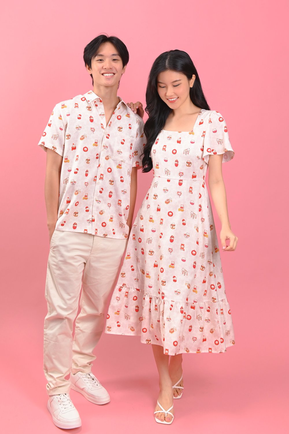 PAWSPERITY CAT SQUARE-NECK SLEEVED MIDI DRESS