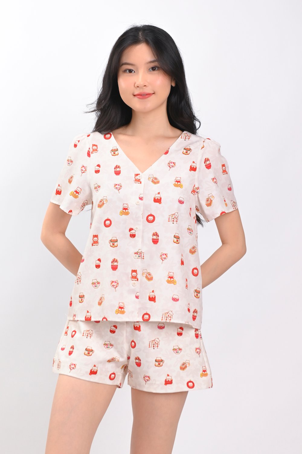 PAWSPERITY CAT SLEEVED BUTTON TOP