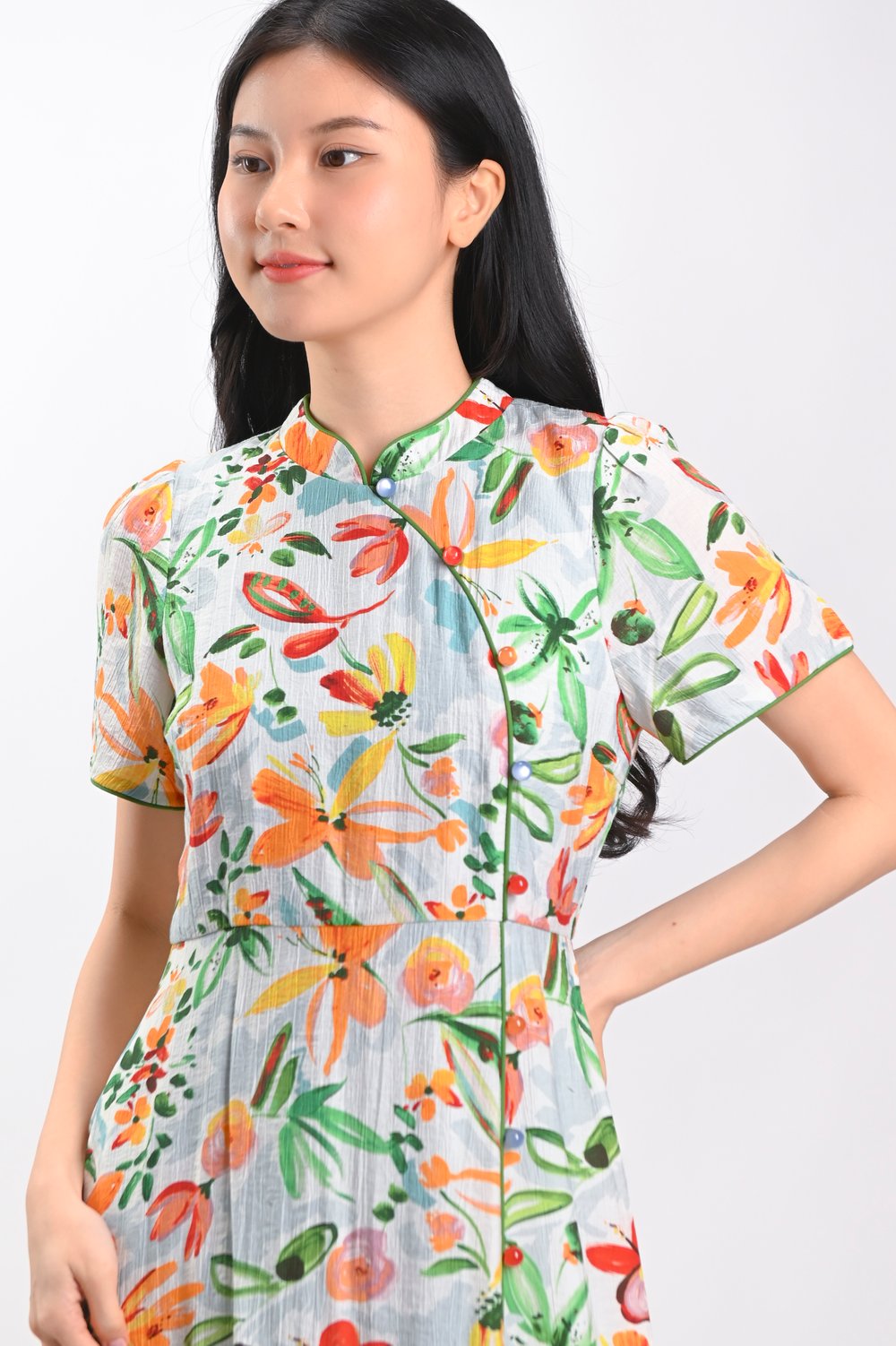 YILING FLORAL SLEEVED SLIT CHEONGSAM MIDI DRESS