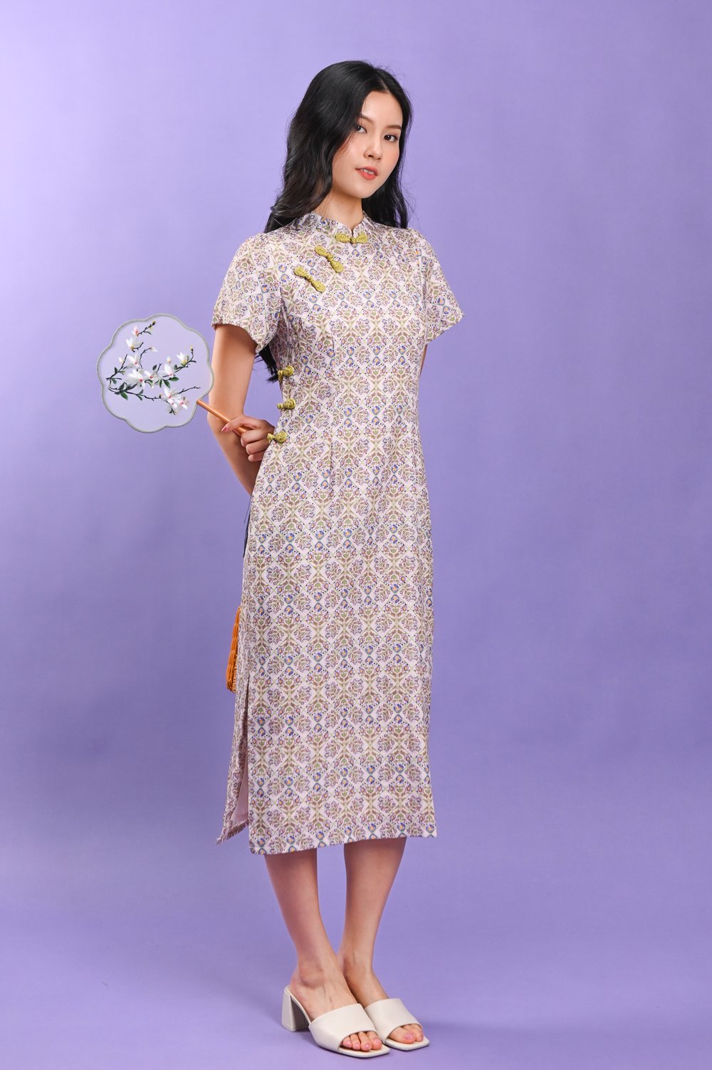 YANRU FLORAL TILES SLEEVED CHEONGSAM DRESS