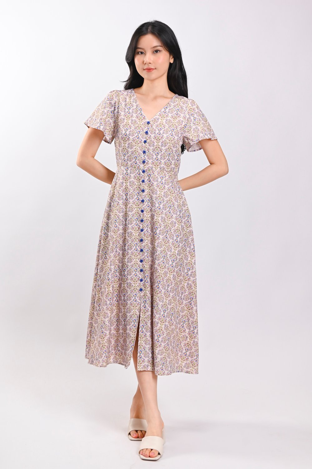 LEYAO FLORAL TILES SLEEVED BUTTON MIDI DRESS
