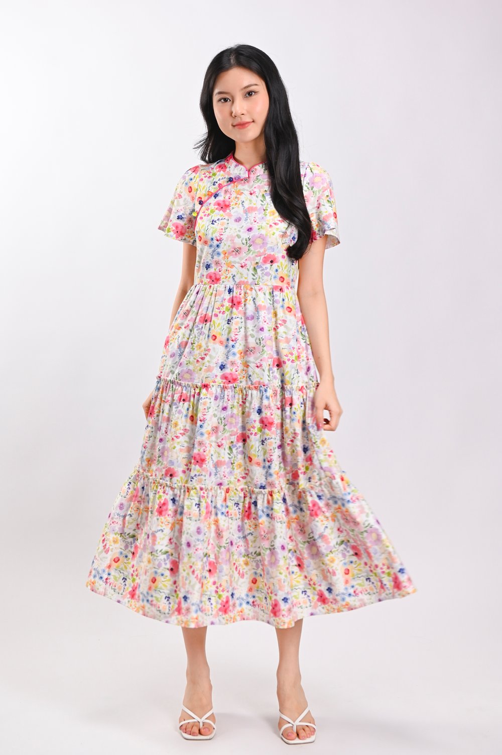 LIJIA FLORAL SLEEVED TIERED CHEONGSAM DRESS