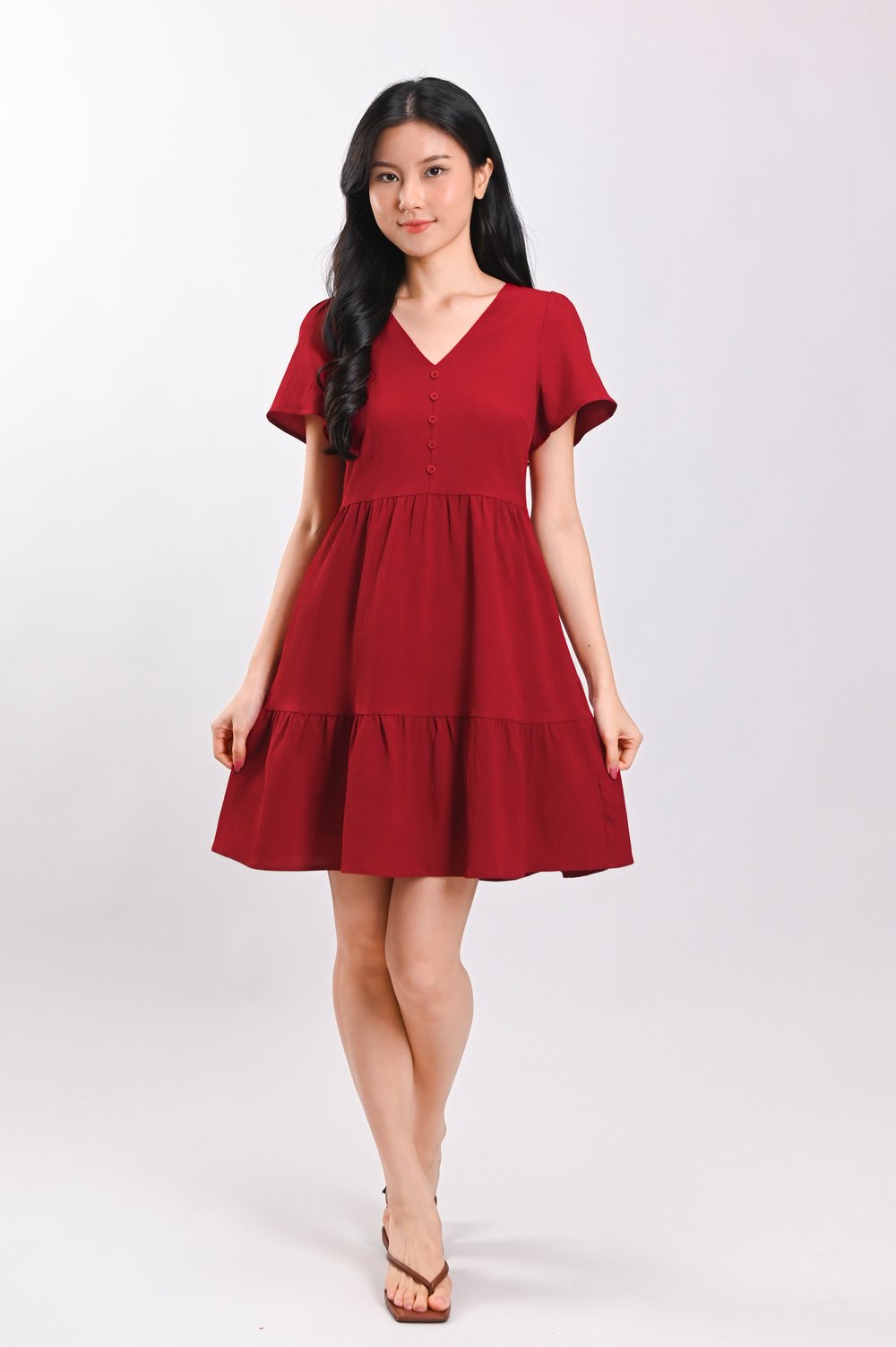 STELLA SLEEVED BUTTON FLOUNCE DRESS IN RED