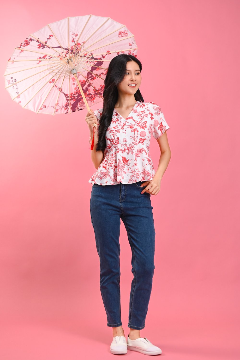 RED HUMMINGBIRD SLEEVED PEPLUM TOP