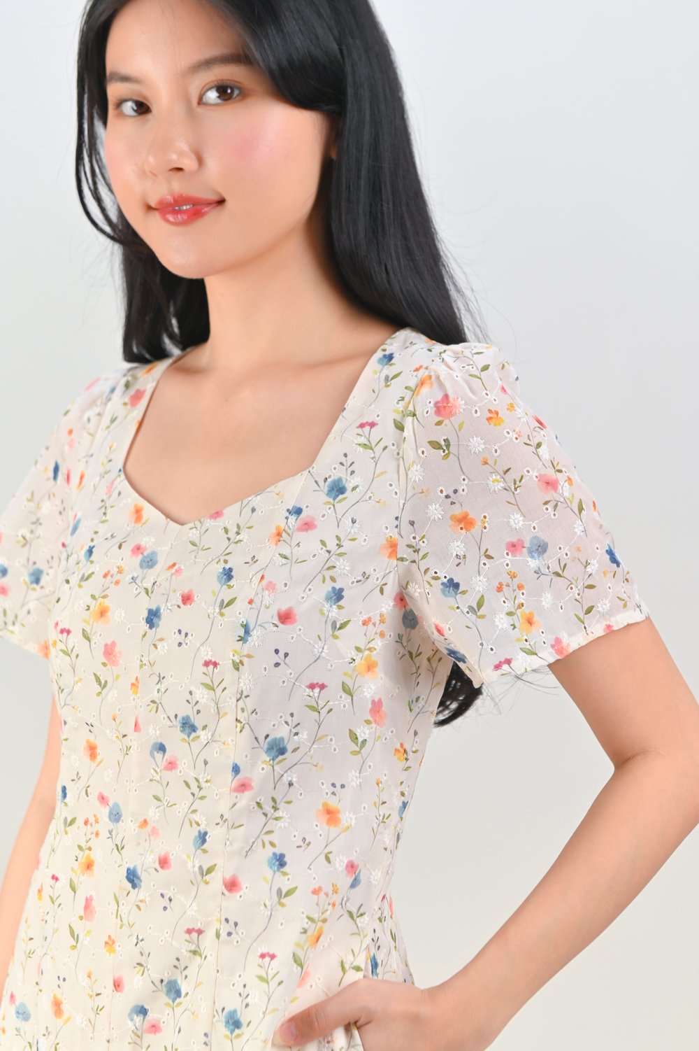 SIUAN CREAM FLORAL EYELET SLEEVED PANELLED MIDI DRESS