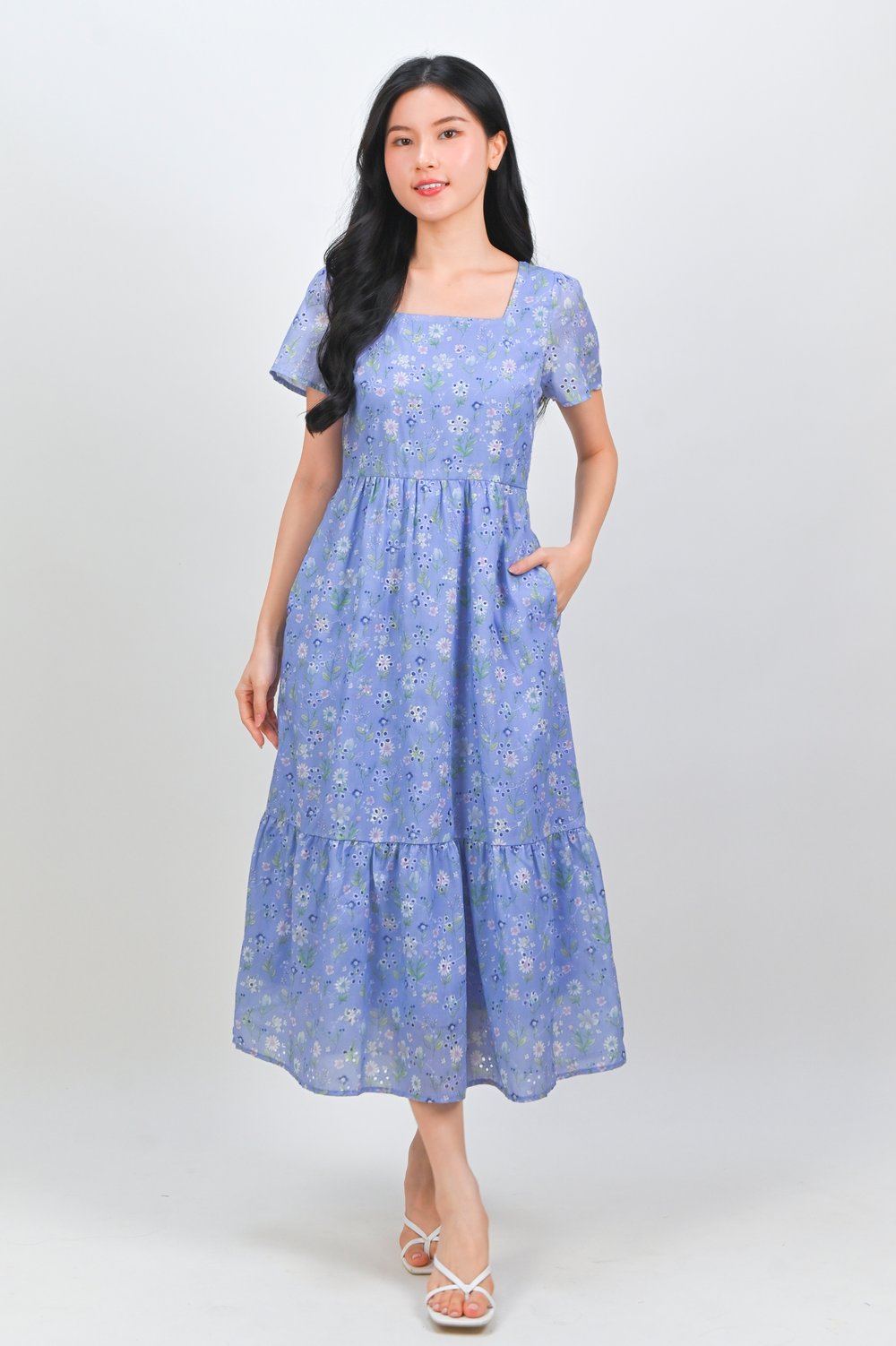 NEMYRA PERI EYELET FLORAL SQUARE-NECK SLEEVED DRESS