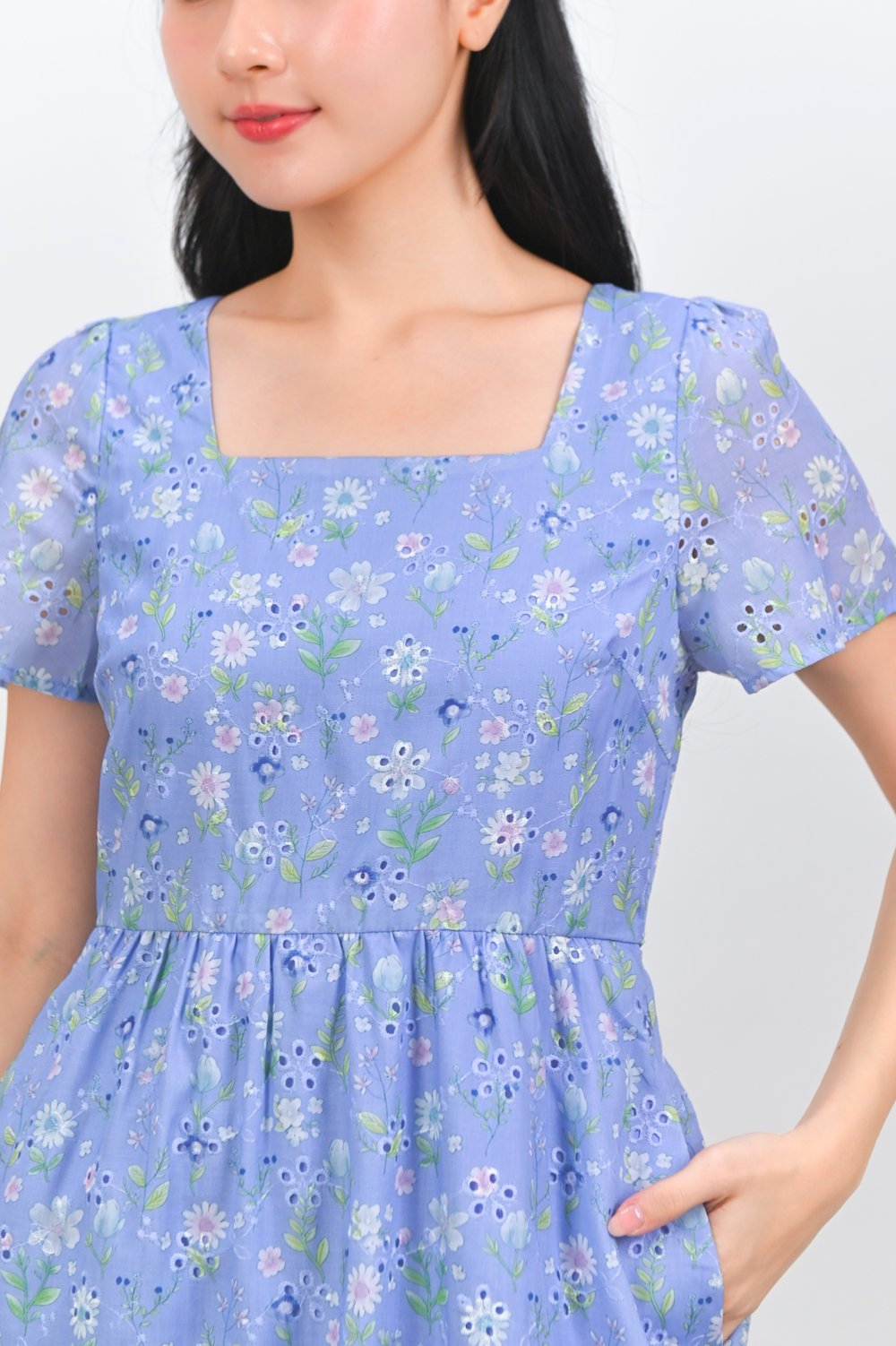 NEMYRA PERI EYELET FLORAL SQUARE-NECK SLEEVED DRESS