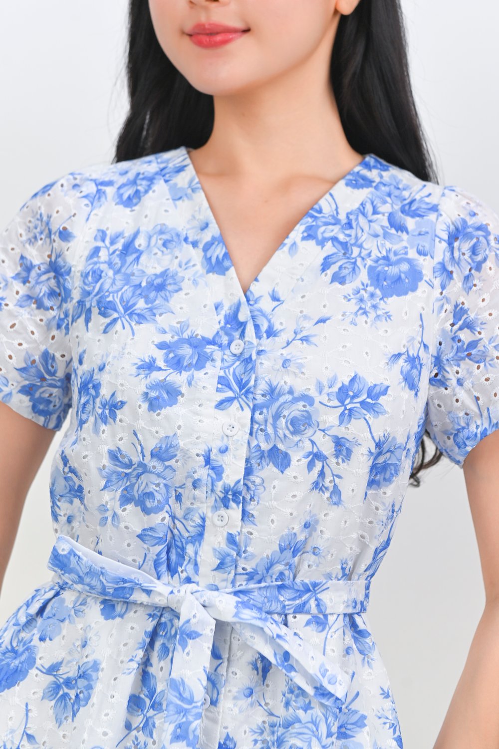 FENARA BLUE FLORAL EYELET SLEEVED BUTTON DRESS