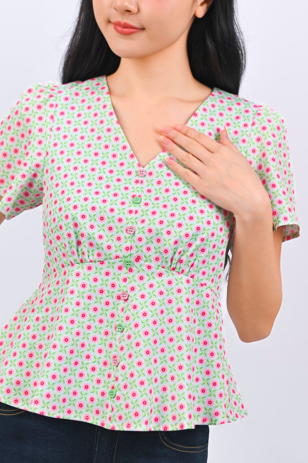 PANDAN POP SLEEVED PEPLUM TOP