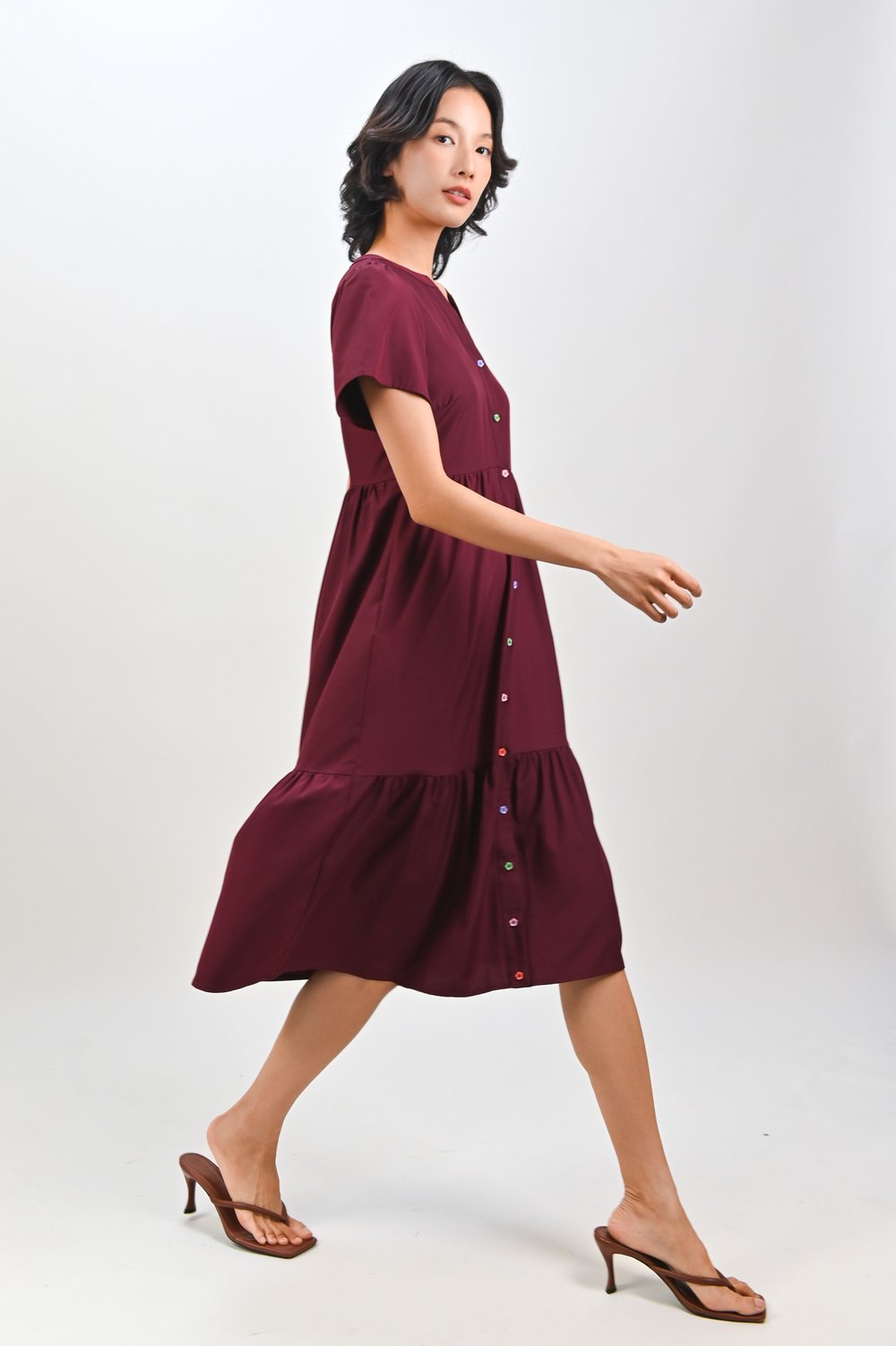 BRILLEY SLEEVED MIDI SHIRT-DRESS IN WINE