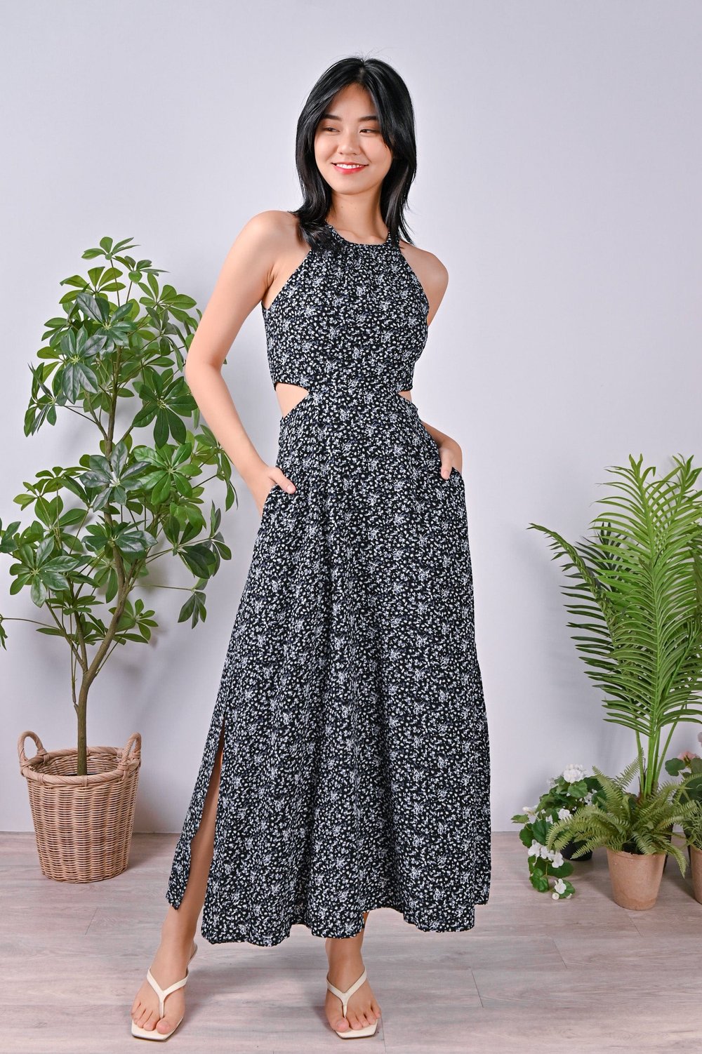 JOY FLORAL CUT-OUT MAXI DRESS IN BLACK