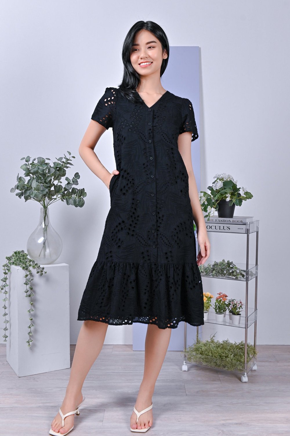 LIANA EYELET DRESS IN BLACK