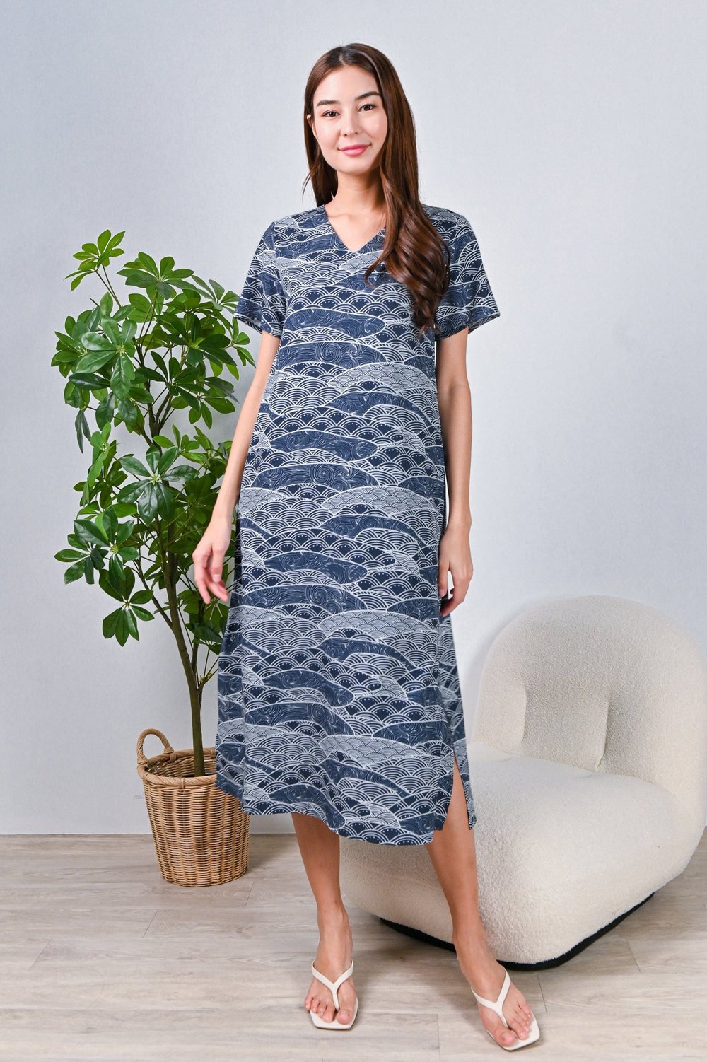 NAVY WAVE COLLAGE SLEEVED OBI-SASH DRESS