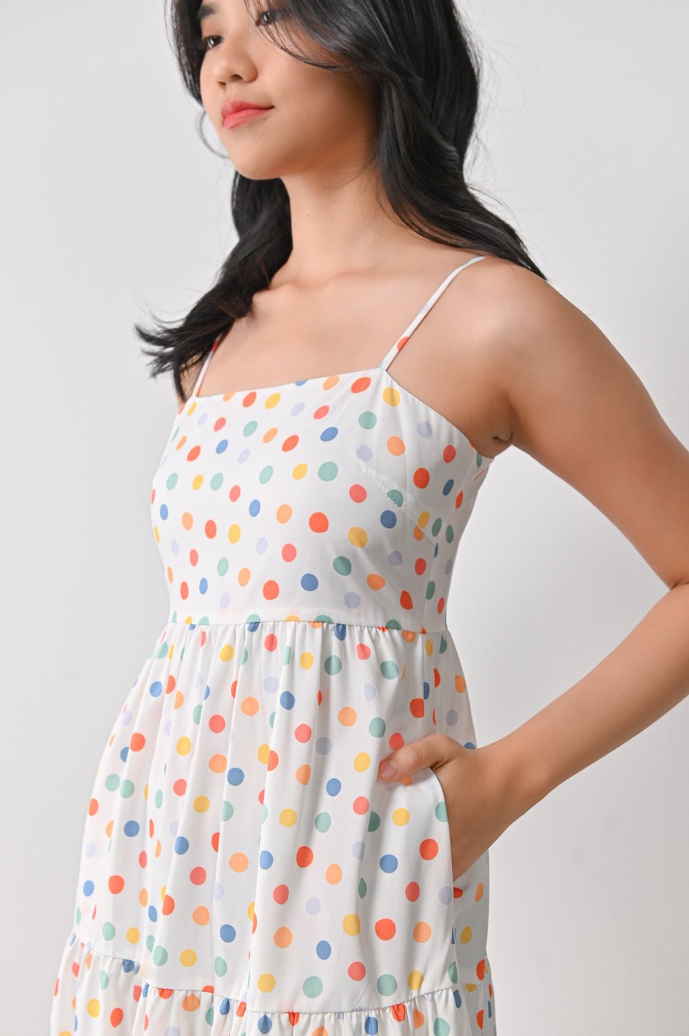 RAINBOW POLKA WHITE SPAG DRESS